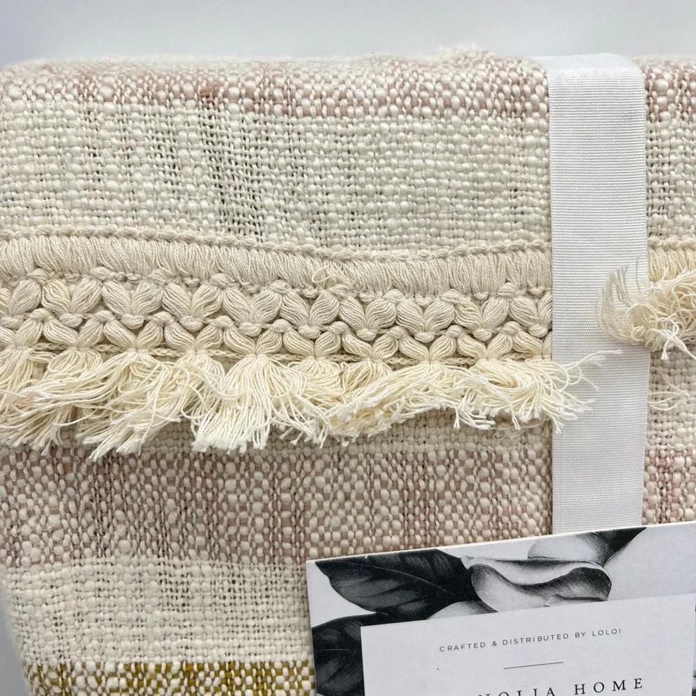 Magnolia Home Joanna Gaines Lucy Throw Blanket Ivory Blush Cotton 50x60 New